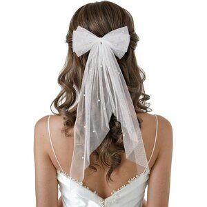 🆕 Women White Bridal Hair Bow Veil Bow Clip Bachelorette Accessories